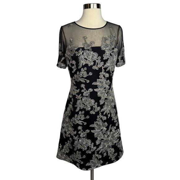 Tadashi Shoji Black Sheer Silver Floral‎ Embroidered Cocktail Evening Dress Sz 6 - Picture 1 of 9
